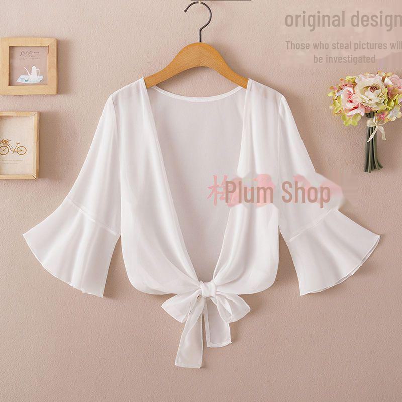 Женская летняя шифоновая куртка-шаль с защитой от солнца 2024 года — короткий рукав, легкий кардиган, универсальный жилет.