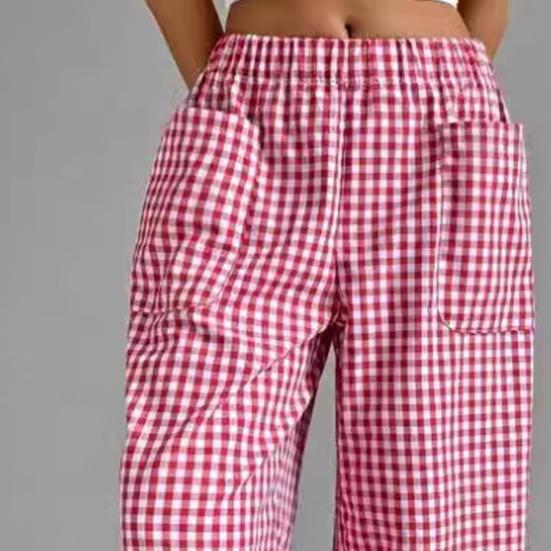 Женские брюки с эластичной талией, средней посадкой, широкие длинные брюки с карманами, клетчатый принт, удобные повседневные брюки