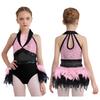 Girls Dance Costume Turn-Down Collar Sleeveless Sheer Mesh Keyhole Back Shiny Sequins Feather