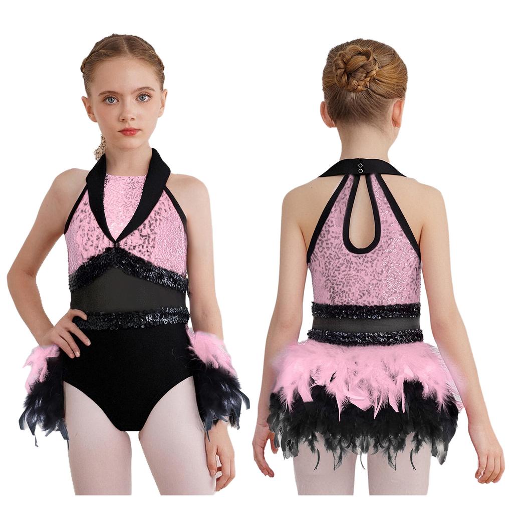 Girls Dance Costume Turn-Down Collar Sleeveless Sheer Mesh Keyhole Back Shiny Sequins Feather