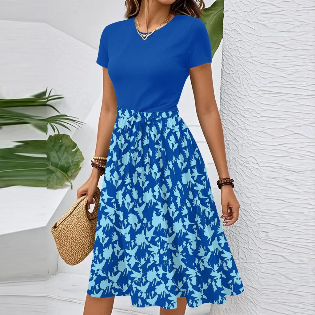 Women's Casual Fashion Belted Floral Print Short Sleeve Round Neck Elegant Dress