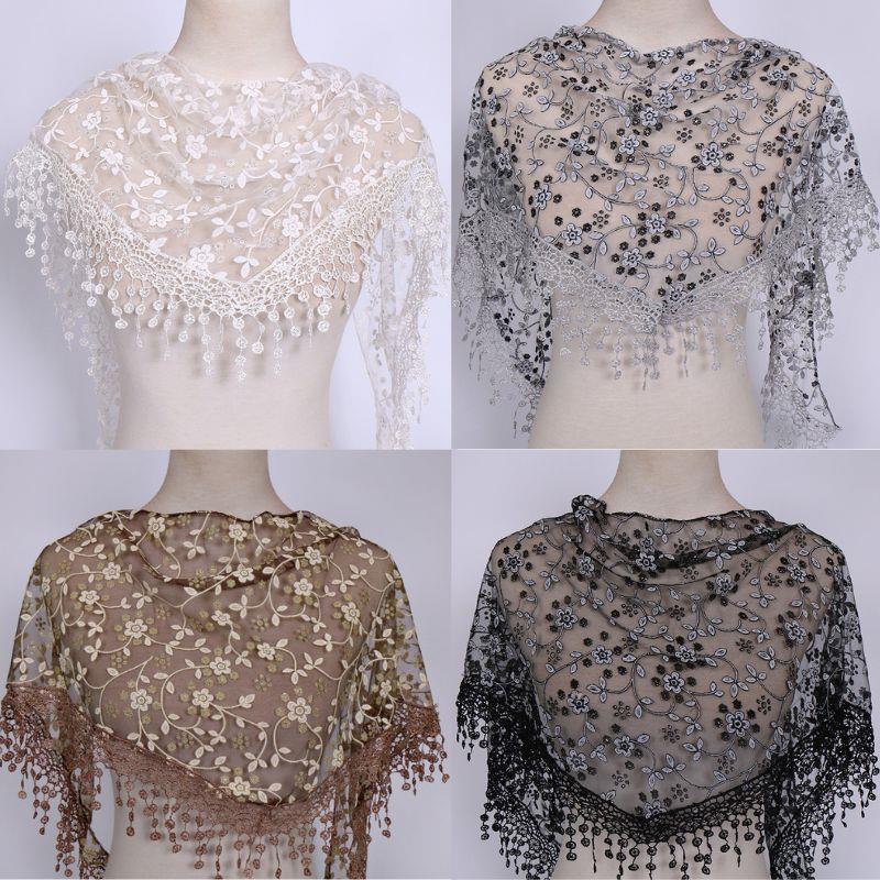 Women Lace Scarf Spring Lady Solid Color Hollow-out Triangular Scarves Soft Shawl Foulard Female Wrap Tassel Shawls 150*40cm