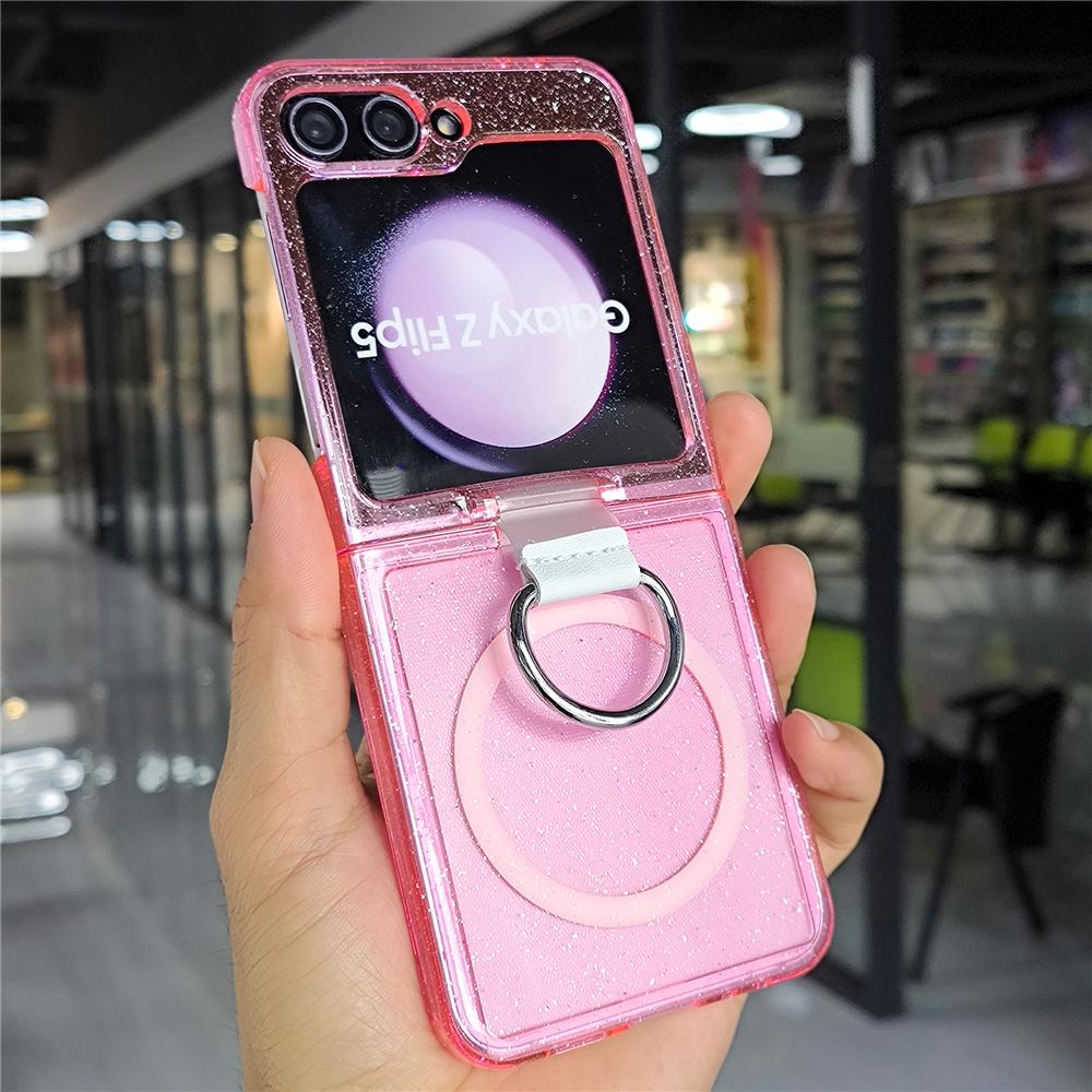 Glitter Transparent Magnetic Ring Holder Case For For Samsung Galaxy Z Flip 6 5 4 3 Wireless Charging Shockproof Cover For Z Flip6