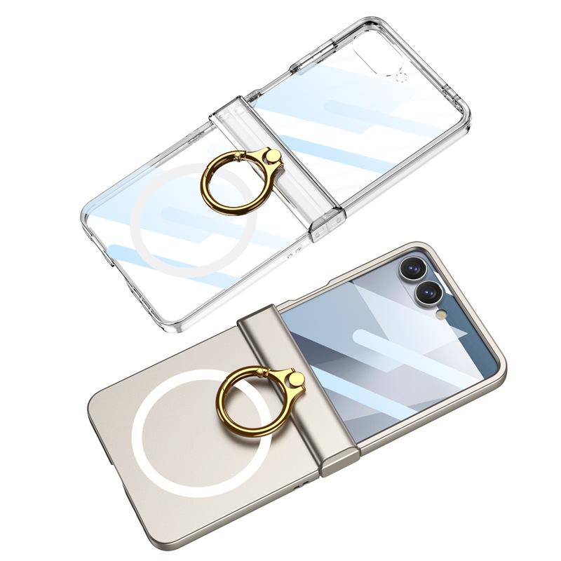 Подходит для мобильного телефона со складным экраном Samsung Zflip7, Модный чехол с вращающимся валом, Полностью закрывающий корпус с кольцом для пальца, Беспроводной, Матовый защитный чехол-скин