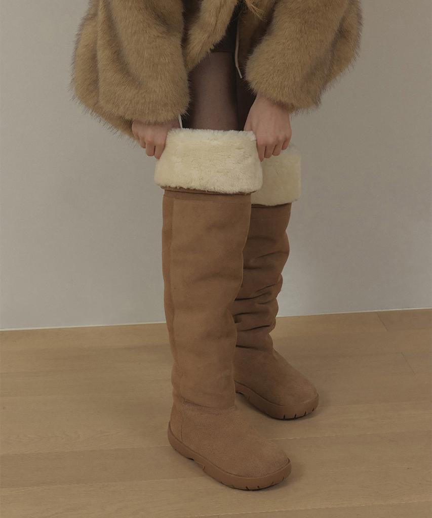 Lonque Lamb Fur Thigh-High Boots (Beige)