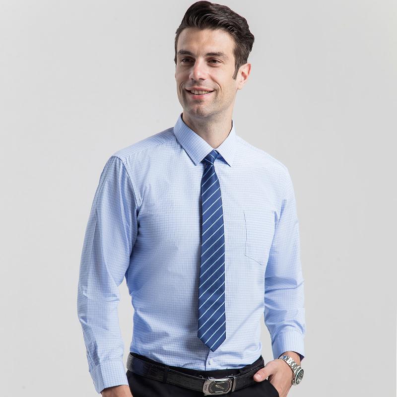 Классическая деловая мужская классическая рубашка с длинным рукавом в клетку с отложным воротником, синие клетчатые рубашки обычного кроя, мужские деловые офисные рубашки