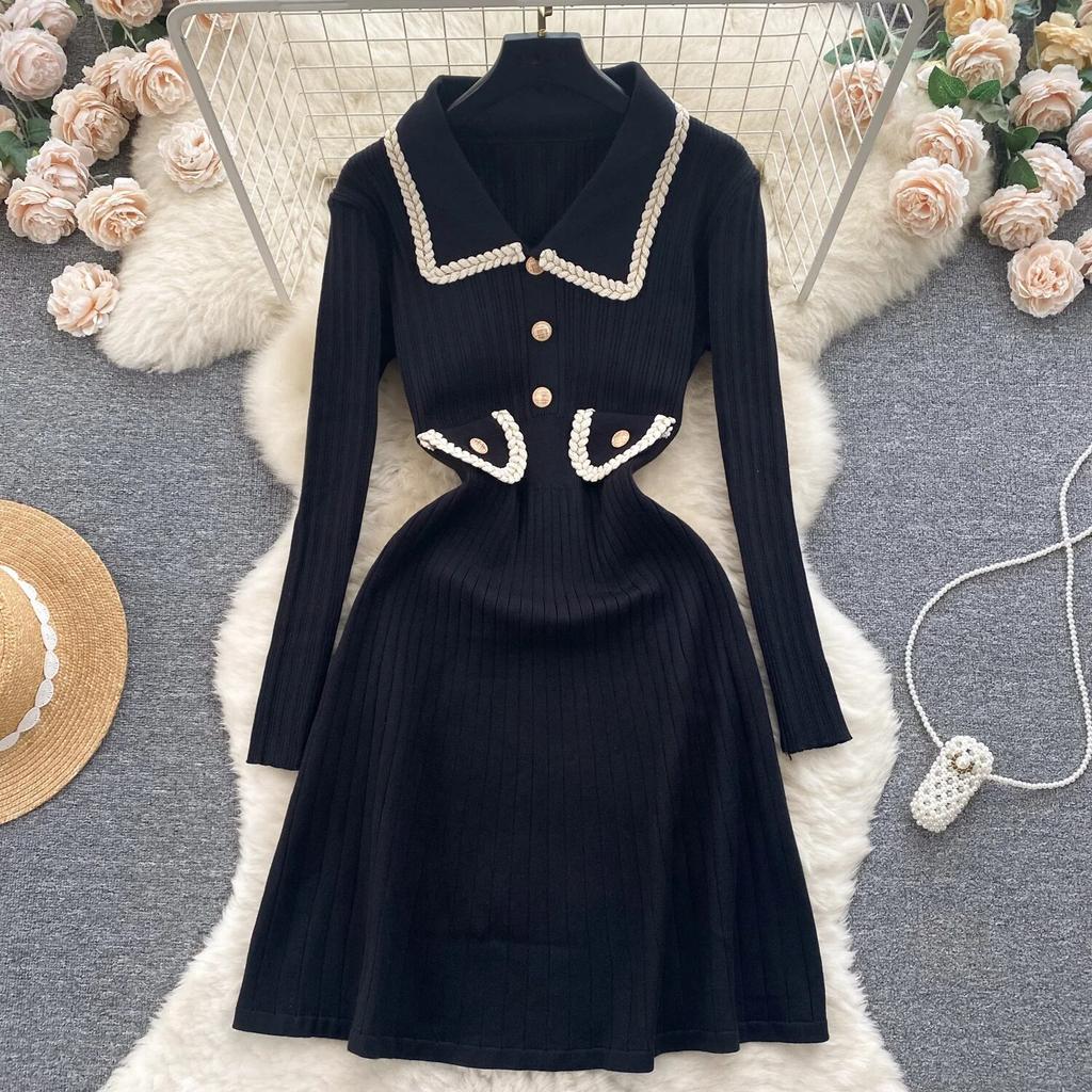 Knitted dress Women Autumn and Winter New High Sense Chic Waist Hugging Slimming Temperament Lapel Sweater Dress