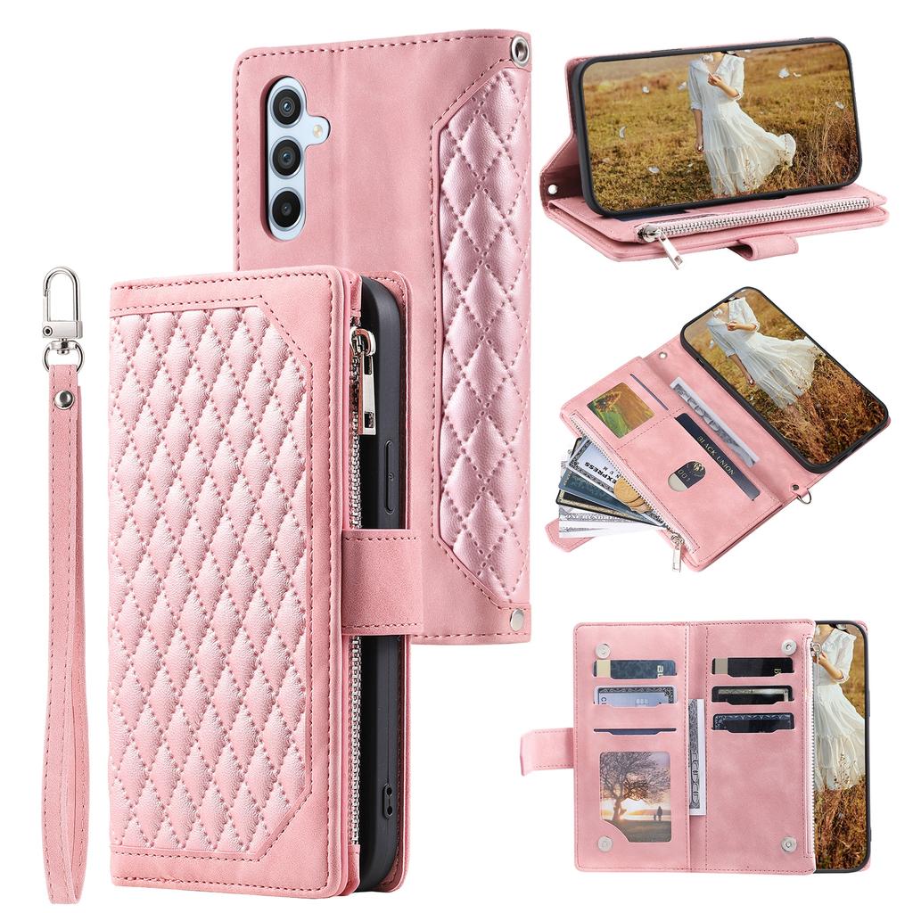 For Samsung Galaxy S25 FE Wallet Case Rhombus Stitching Line PU Leather Phone Cover with Wrist Strap