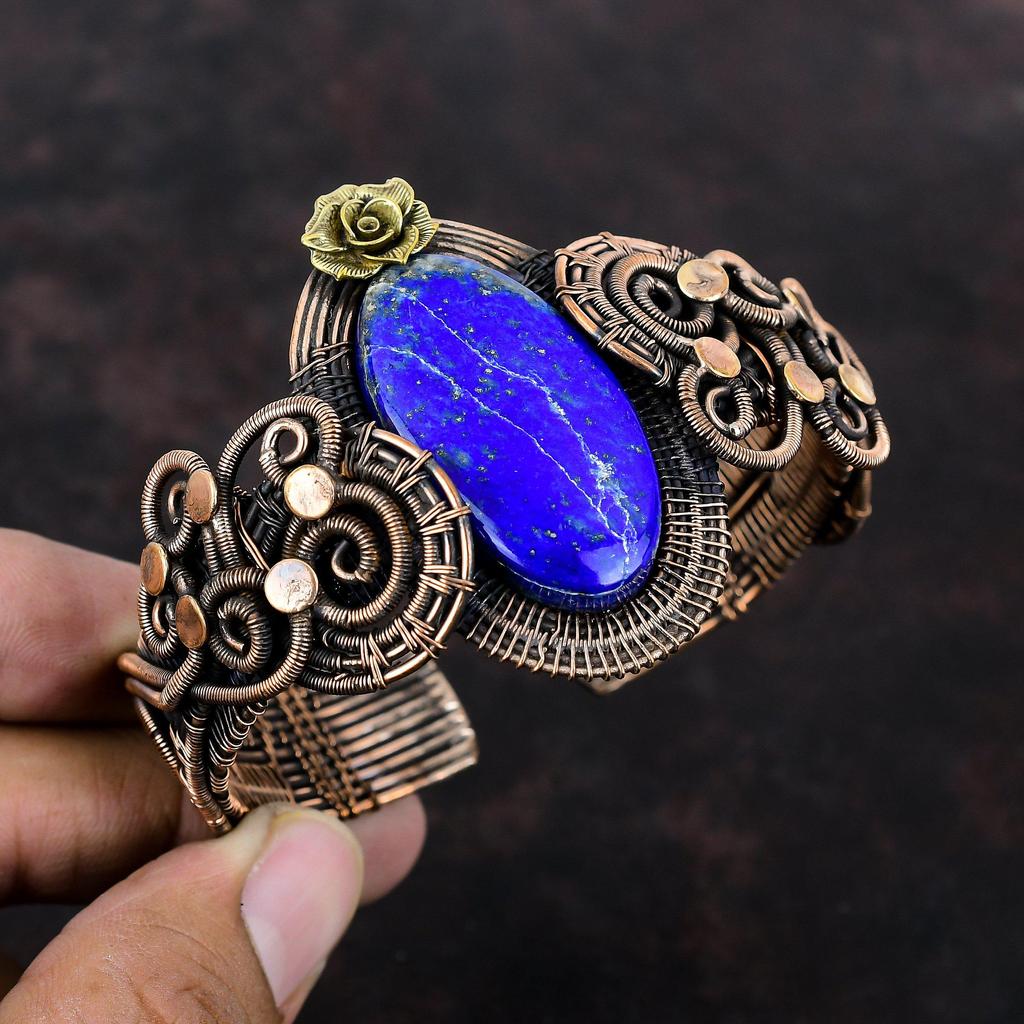 Лазурит, драгоценный камень, медная проволока, браслет-манжета, регулируемый браслет, медная проволока ручной работы, ювелирные изделия, цветок, браслет, подарок на годовщину