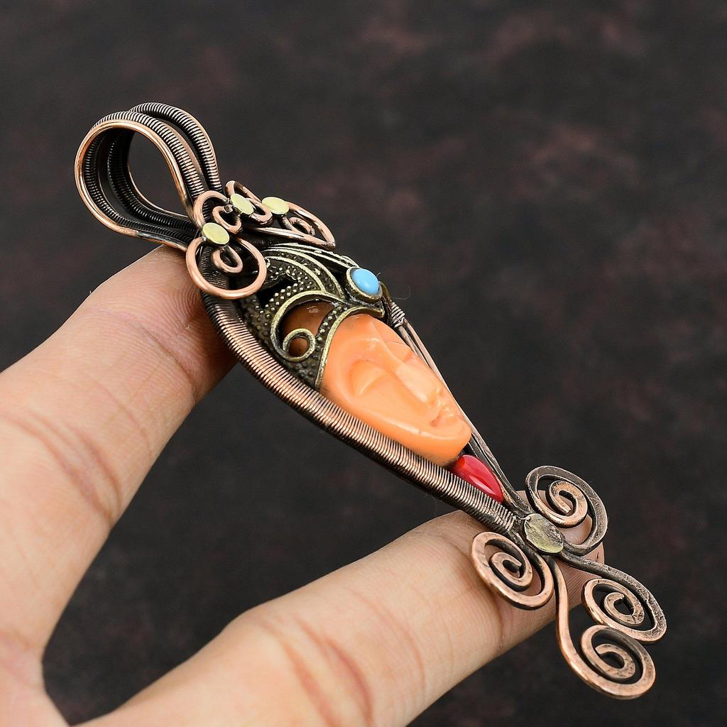 Оранжевый резной кулон с лицом из кости, кулон из медной проволоки, кулон с кораллом и бирюзой, драгоценный камень, медные украшения, украшения из проволоки ручной работы для подарка