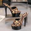 Sexy High-heeled 15cm Leopard Print Woman Slippers Sandals Platform Nightclub Shoes Waterproof Thick Bottom Heels Slippers