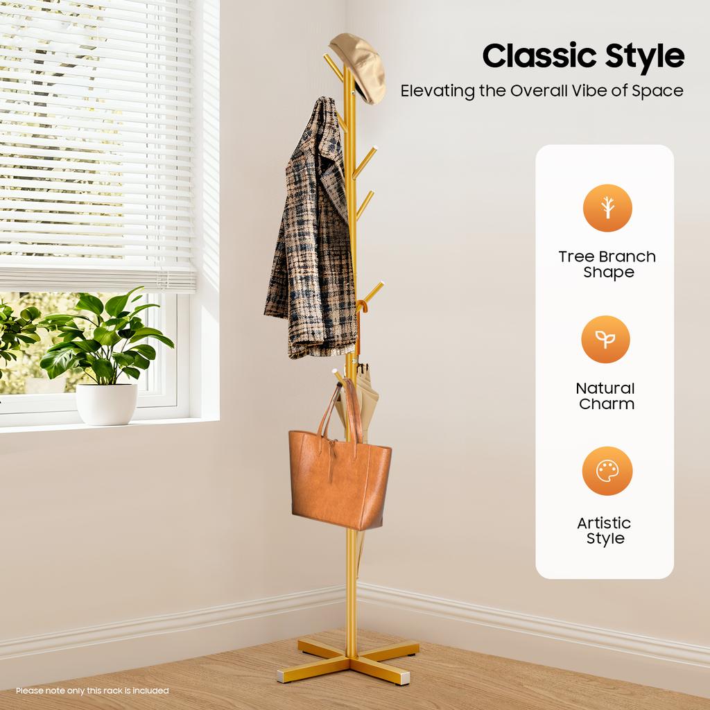Золотая Дерево Вешалка Стойка, 7-крючковый Железный Органайзер для Прихожей для Шляп Сумок, Современная Свободно Стоящая Стойка для Одежды и Шляп