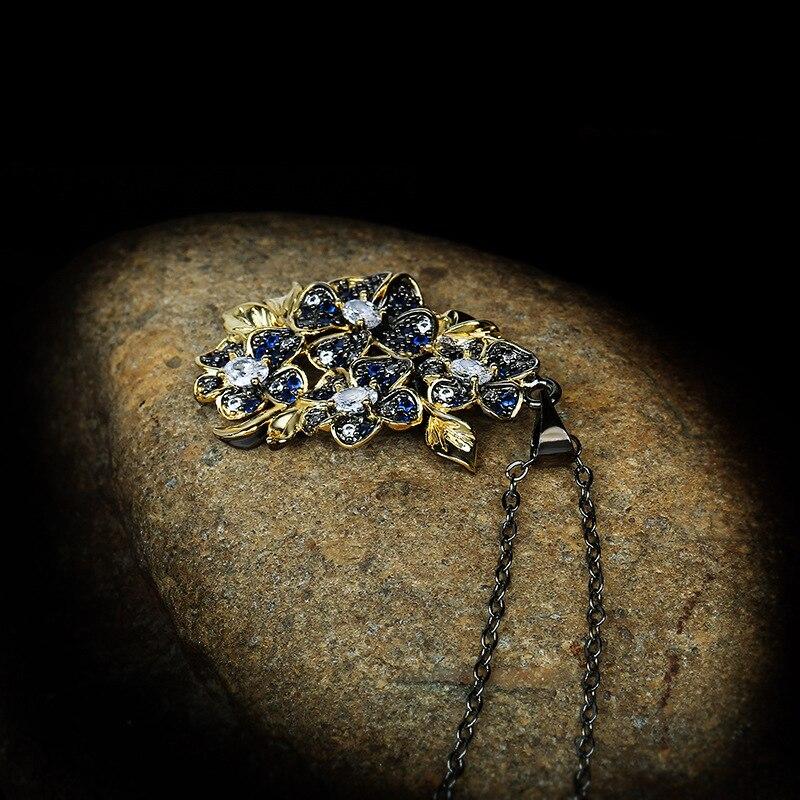 Изысканное женское ожерелье с синим цирконом, инкрустированная подвеска в форме цветка, цепочка на ключицы, вечерняя женская цепочка для свитера, ювелирные изделия из черного золота