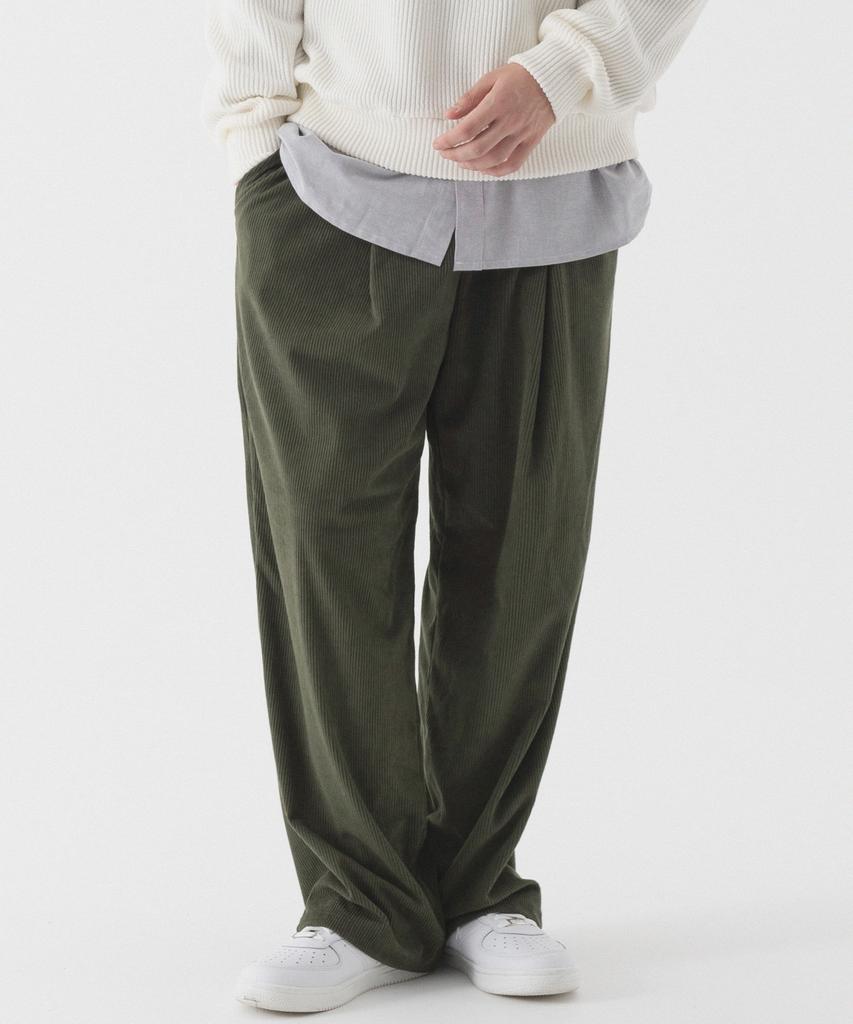 PIANER Corduroy One-Tuck Stitch Wide Pants (Khaki)