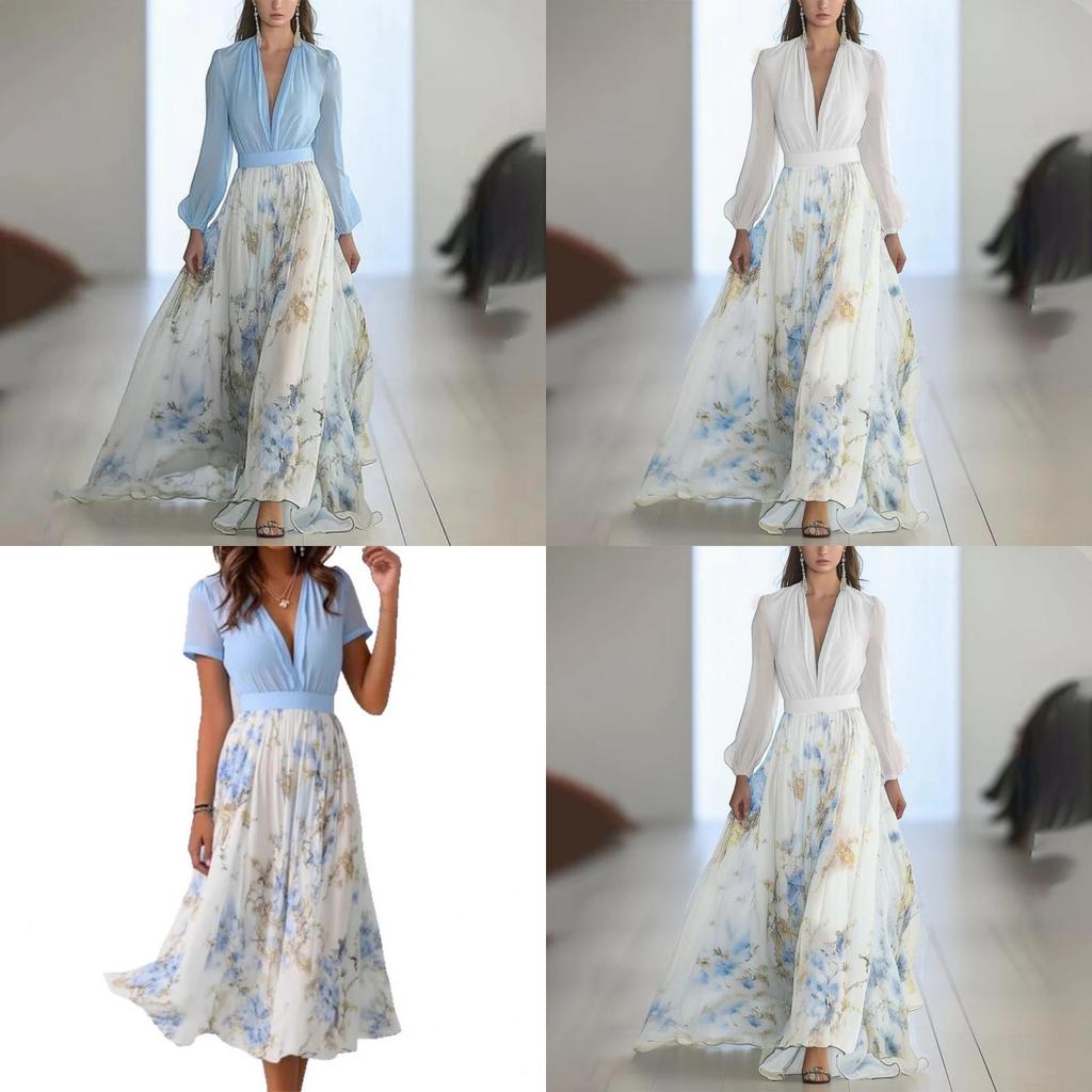 Euro Female Long Sleeve V Neck Spliced Print Chiffon Maxi Dress For Casual Streetwear