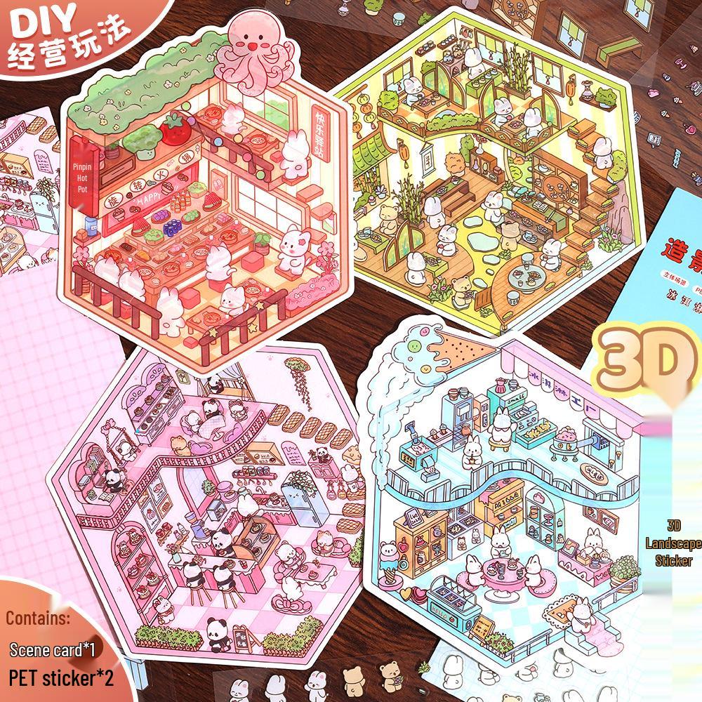 Korean Ancient Tea House Miniature Scenery Sticker - Cute DIY Cartoon