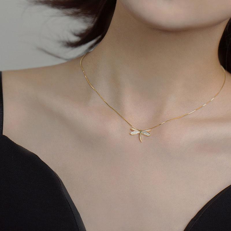 ANENJERY Zircon Dragonfly Necklace Ladies Elegant Clavicle Chain Korea Fashion Jewelry Gift