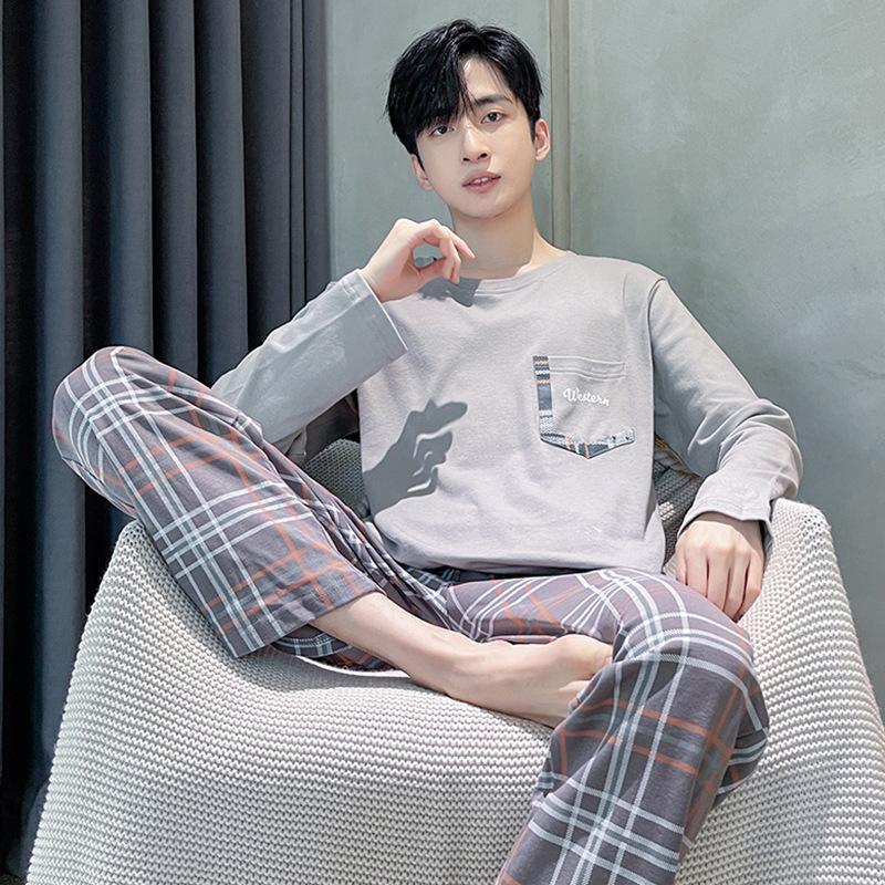 Весенняя хлопковая пижама для мужчин, домашняя одежда для сна, синяя клетчатая пижама, мужская пижама, домашняя одежда, пижама Hombre