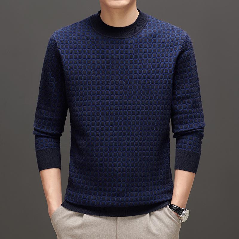 New Autumn Style Wool Plaid Men's Round Neck Jacquard Bottoming Shirt with Knitted Sweater for Men