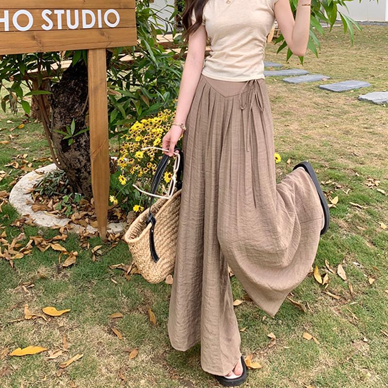 High Clothes Y2k Womens Summer Waist 2024 Cotton Line Summer Wide Leg Baggy Pants Dresses Elegant Thin Aline Dance Long Skirt Pants Korean For Women
