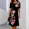 Fashion Womens Loose Pink Roses Print O Neck Short Sleeve Loose Streetwear A-line Dress