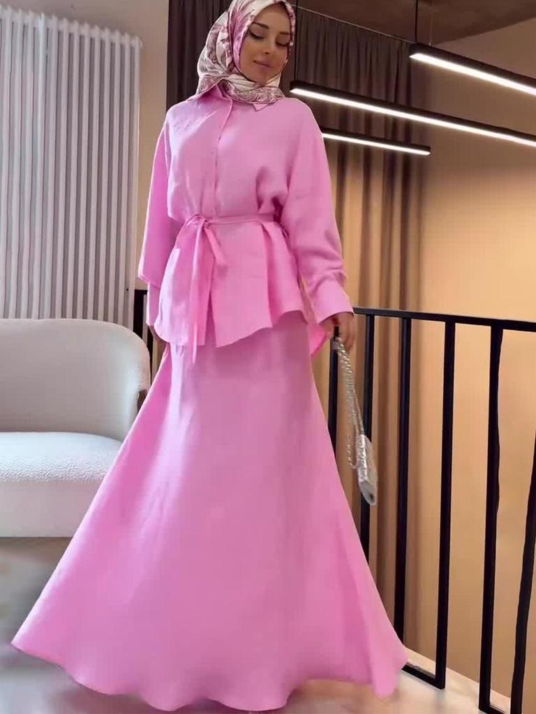 Элегантный летний женский комплект свободного платья с длинным рукавом 2025