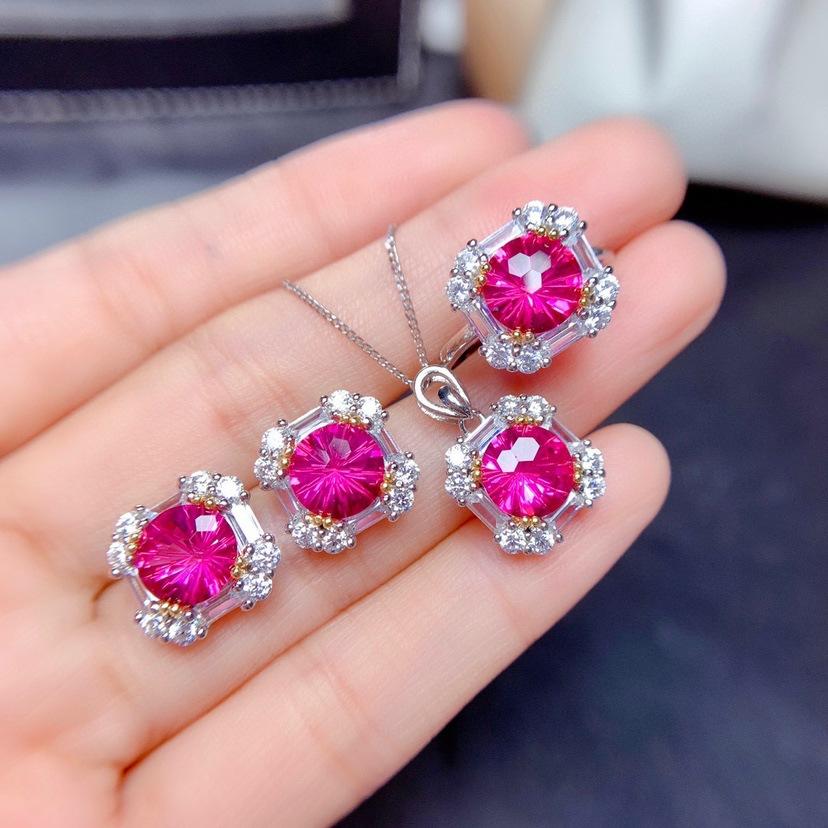 Foydjew 2023 New Trend Luxury Fireworks Cut Pink Topaz Anniversary Gifts Zircon Sets Pendant Necklaces Earrings Rings For Women