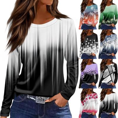 Женская модная повседневная свободная футболка с разрезом и круглым вырезом с длинным рукавом с принтом, женский топ