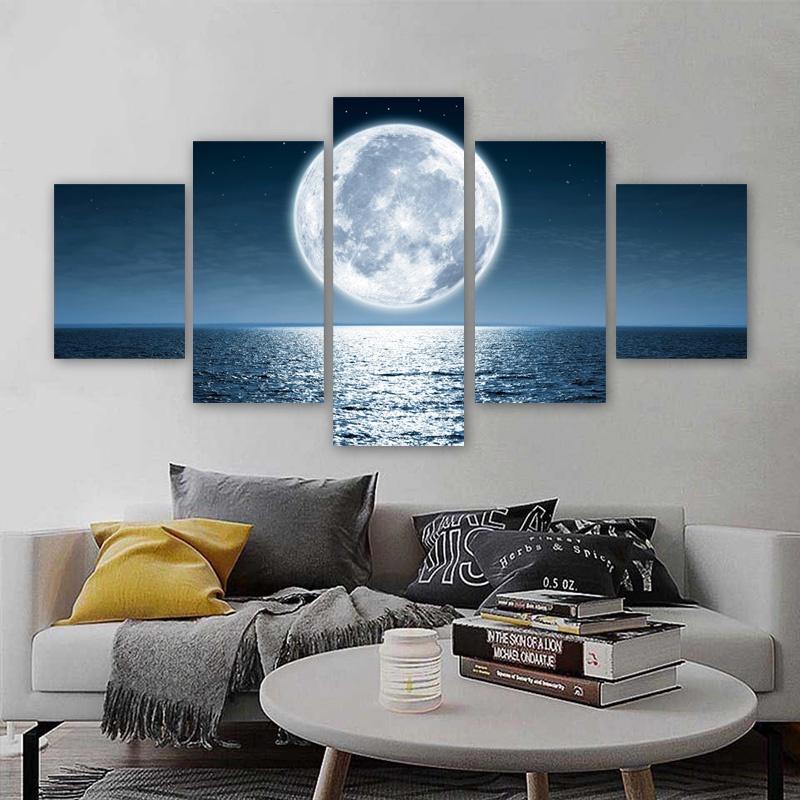 5 Панелей Луна Море Постеры Холст Картина Пейзажные Картинки Ночные Виды Настенное Искусство Для Гостиной Современный Домашний Декор Без Рамы
