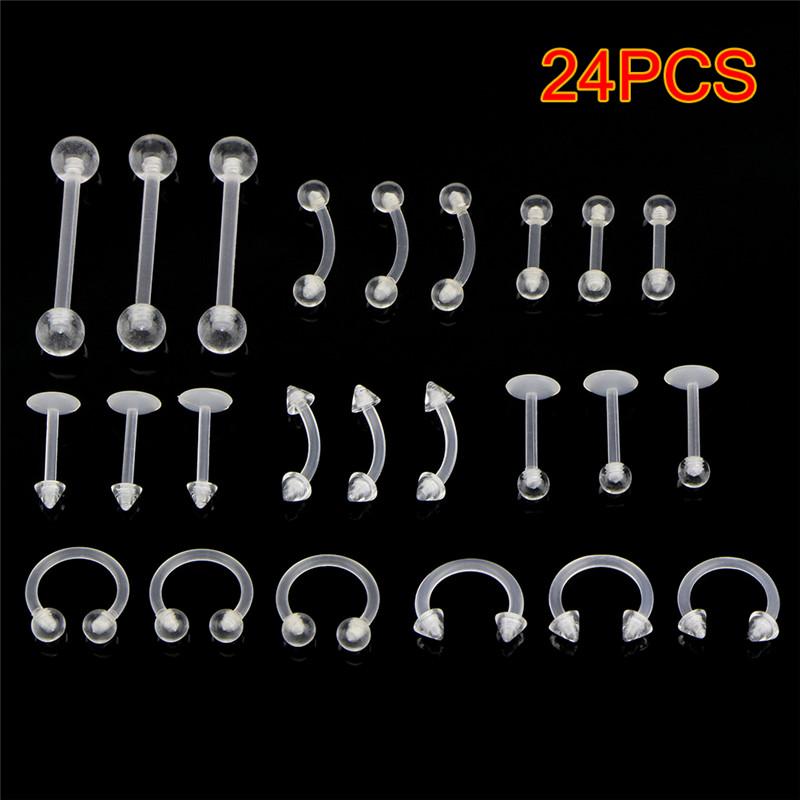 24 Pcs Clear Color Belly Navel Tongue Lip Rings Bars Studs Body Piercing Jewelry