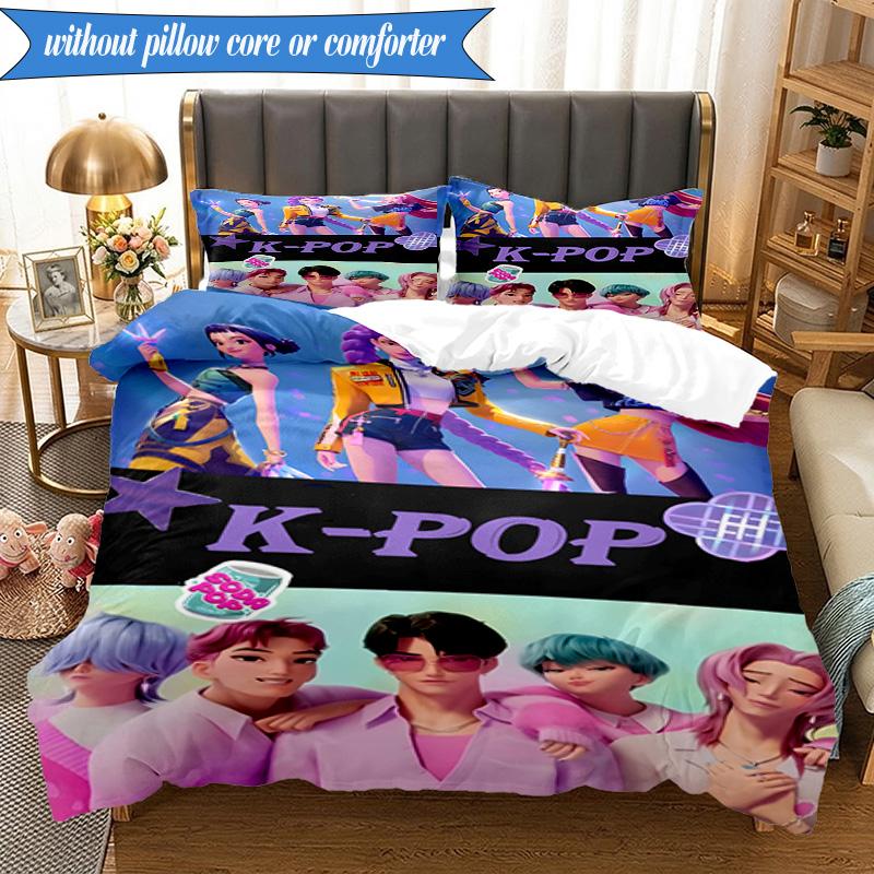 Colorful Kpop cartoon 3pcs K-pop music group Bedding set,Ideal for Bedroom, Dormitory,Including Duvet Cover And 2pcs Pillowcases,Fan gifts