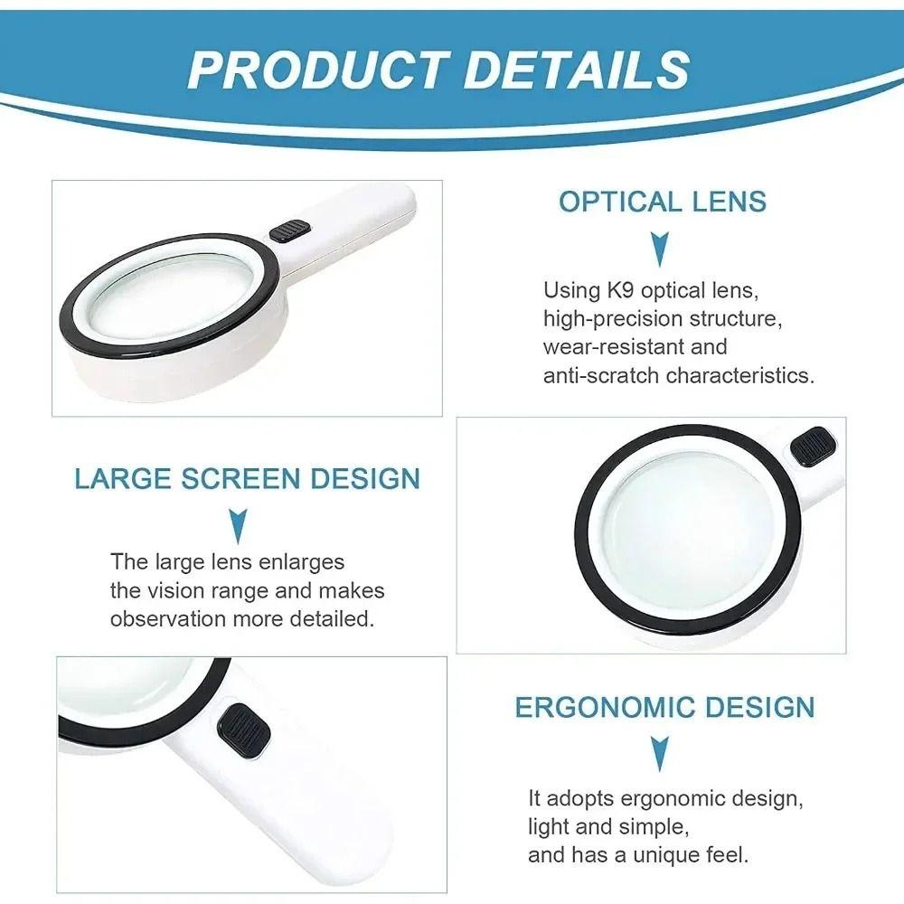 LED Light Lighted Magnifying Glass Illumination Illuminated Magnifier Coins Inspection