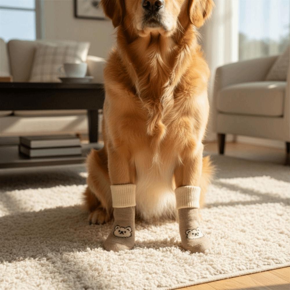 4pcs/set Elastic Puppy Warm Socks Cartoon Pattern Dog Paw Protectors Pet Footwear  Autumn Winter