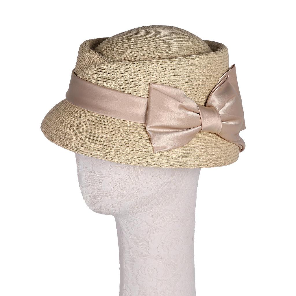 Women’s Vintage Straw Cloche Church Hat with Satin Bow | Elegant Bowler Bucket Hat for Tea Party Wedding Garden Formal Events