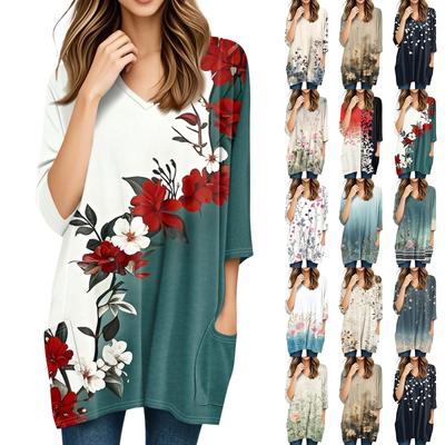 Женские топы с V-образным вырезом и рукавом 3/4 Блузки Повседневные рубашки средней длины Модные принты Туники Топы с карманами