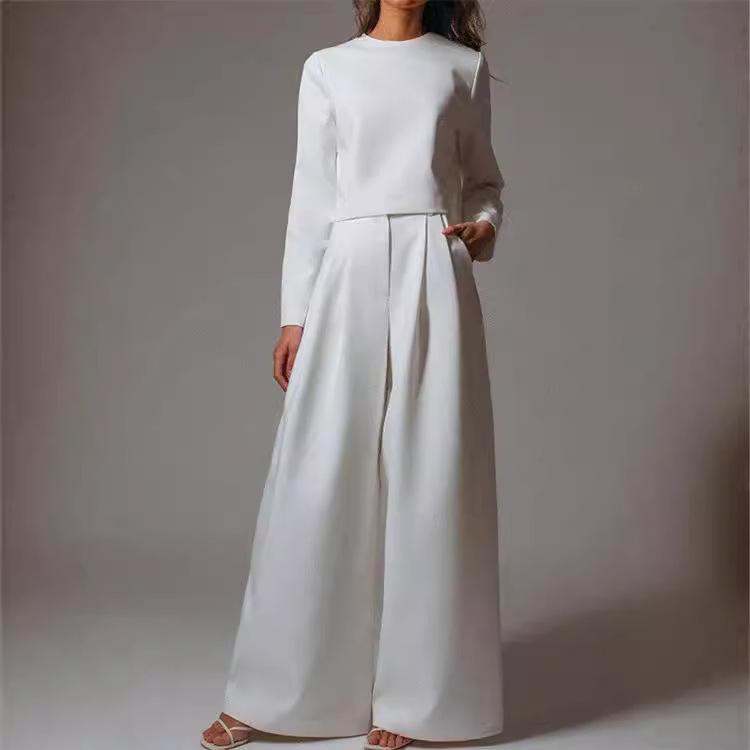 GMXIA Высококачественный модный всесезонный женский комплект, короткий топ, однотонные широкие брюки