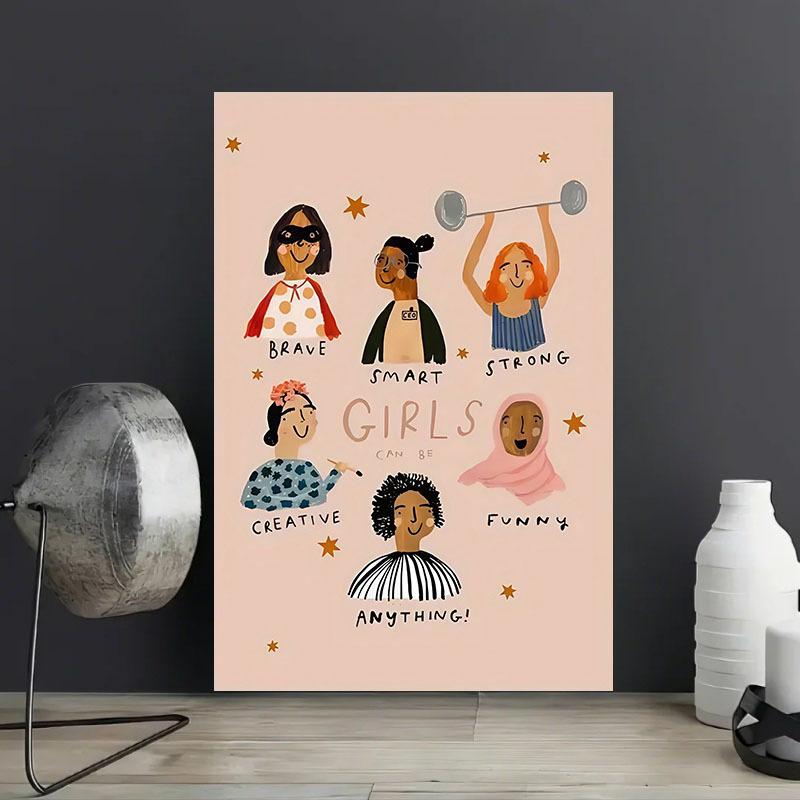 1pc Frameless Girls Power Inspirational Canvas Print Poster, Cartoon Style Art Deco Modern Wall Hanging Decor Canvas Artwork