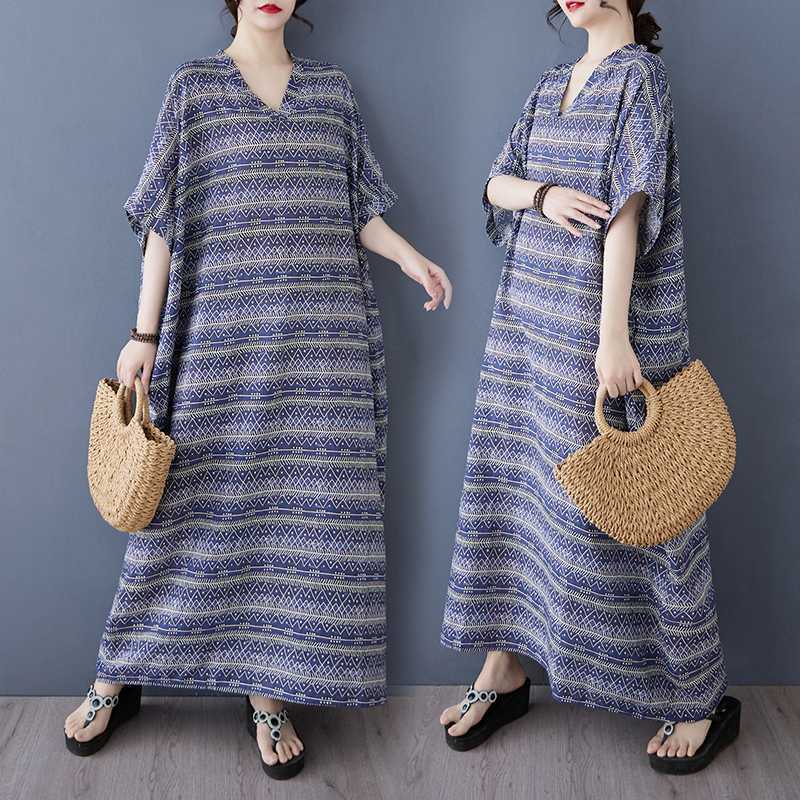Летний цвет Отпускной стиль Туризм V-образный вырез Ретро Длинная юбка Хлопково-льняное платье