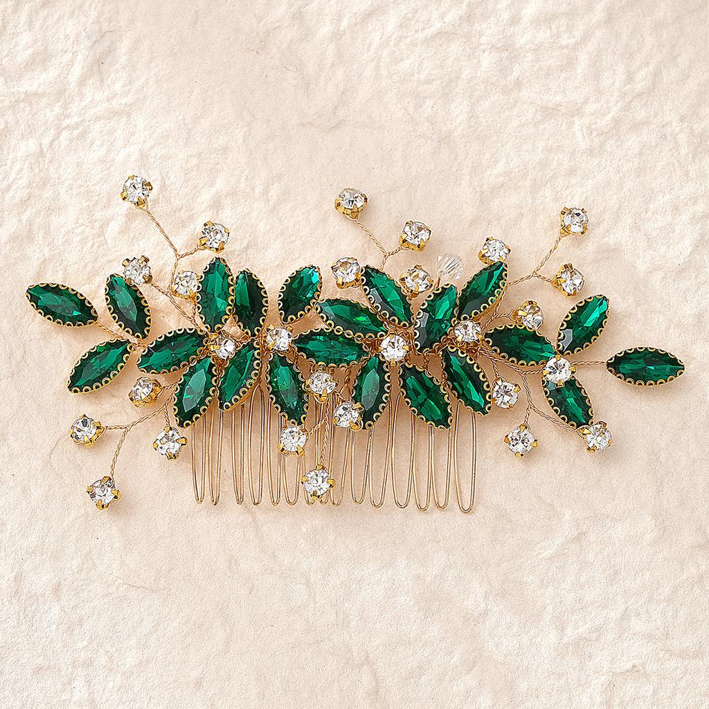 Ретро Сплав Стразы Заглушка Гребень Ручной Работы Лист Зеленый Кристалл Головной Убор Антикварные Украшения Ханфу Свадебный Гребень для Волос