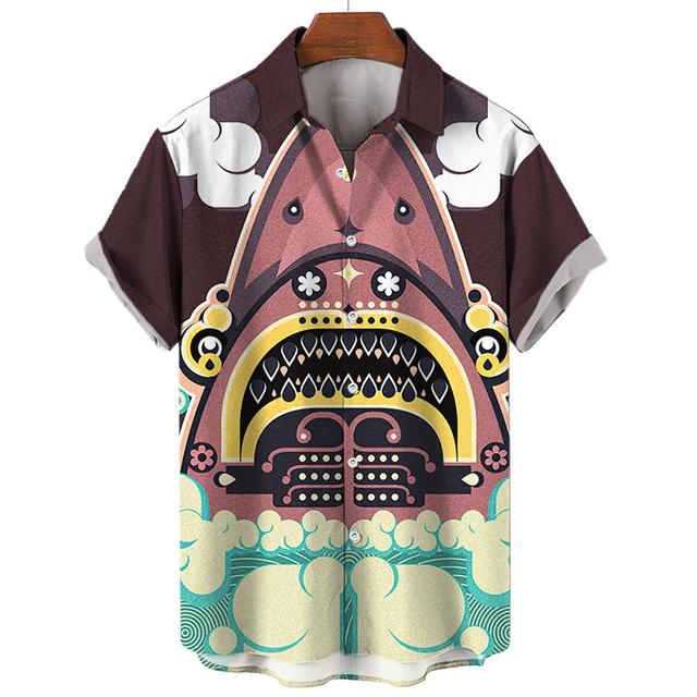 Новые мужские рубашки с 3D принтом животных, модная уличная рубашка на пуговицах с короткими рукавами и лацканами для мужчин, блузка с гавайской акулой, футболка