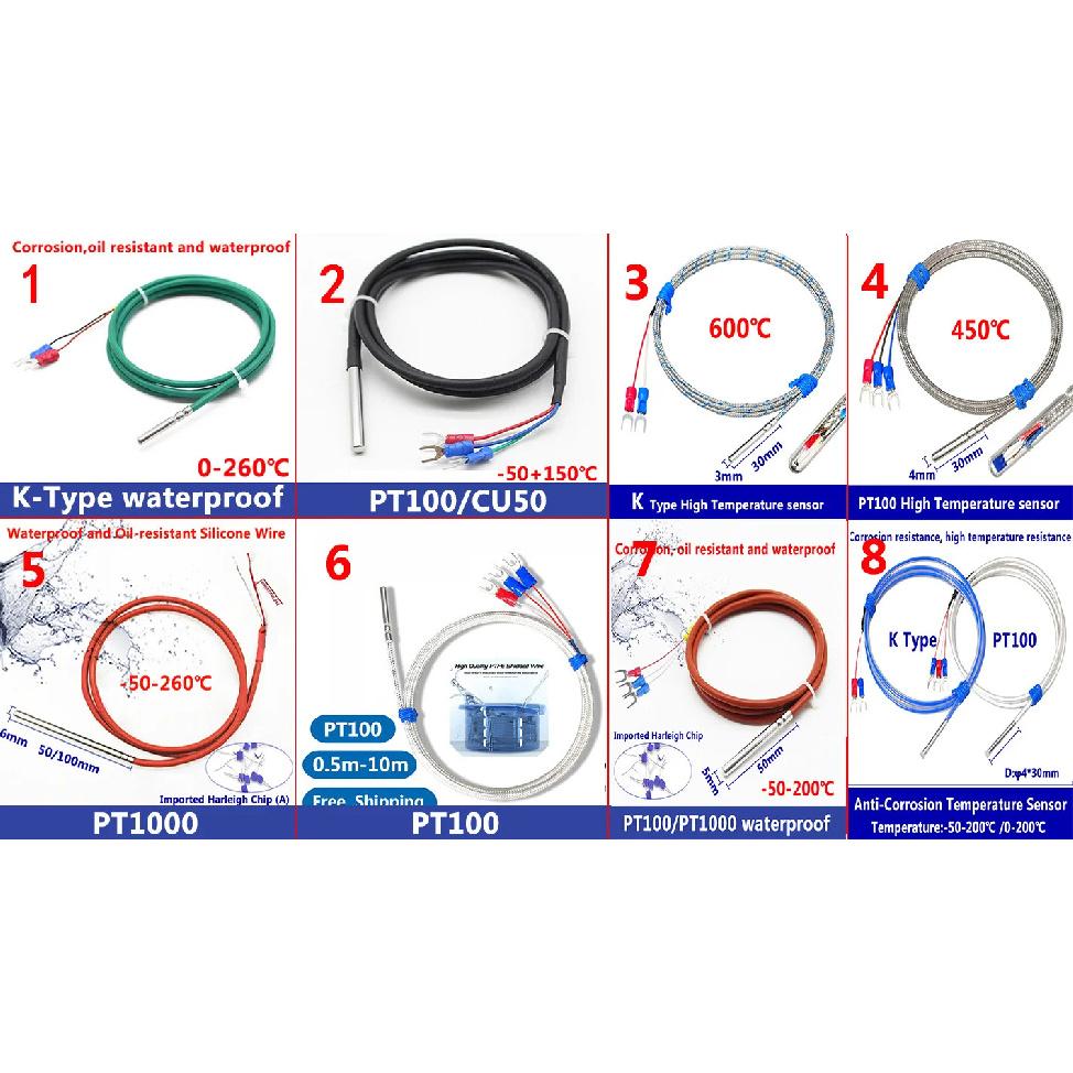 Stainless Steel PT1000 Temperature Sensor Thermocouple with 0.5/1/2/3~10M Cable Temperature sensing high temperature waterproof