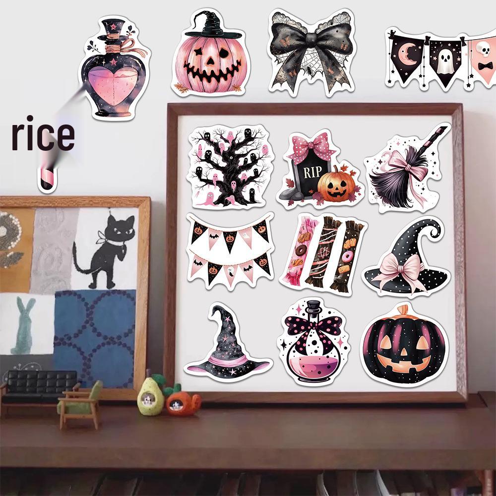 50 Cute Black and Pink Halloween Cartoon Stickers for DIY Decor: Phone Cases, Water Bottles, Notebooks (50 Sheets)