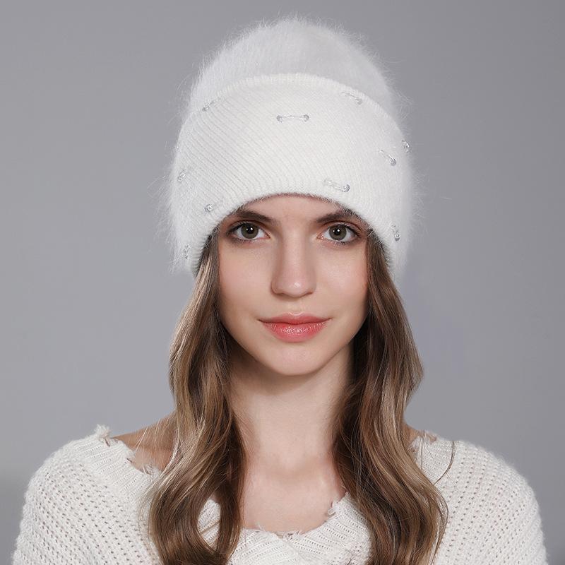 Зимний теплый шерстяной универсальный женский пуловер с двойным сложением и кроличьей шерстью, вязаная шапка с клапаном