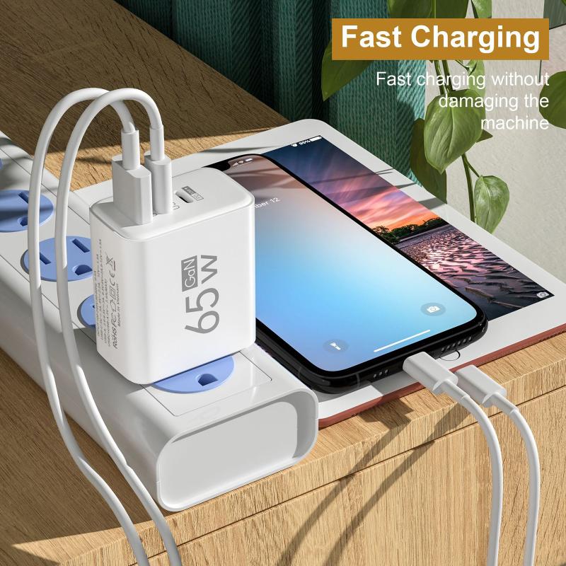 65W GaN Travel Charger EU Plug Dual USB C + USB A Port Fast Charging Wall Adapter Compact Charger for Phone Laptop Tablet