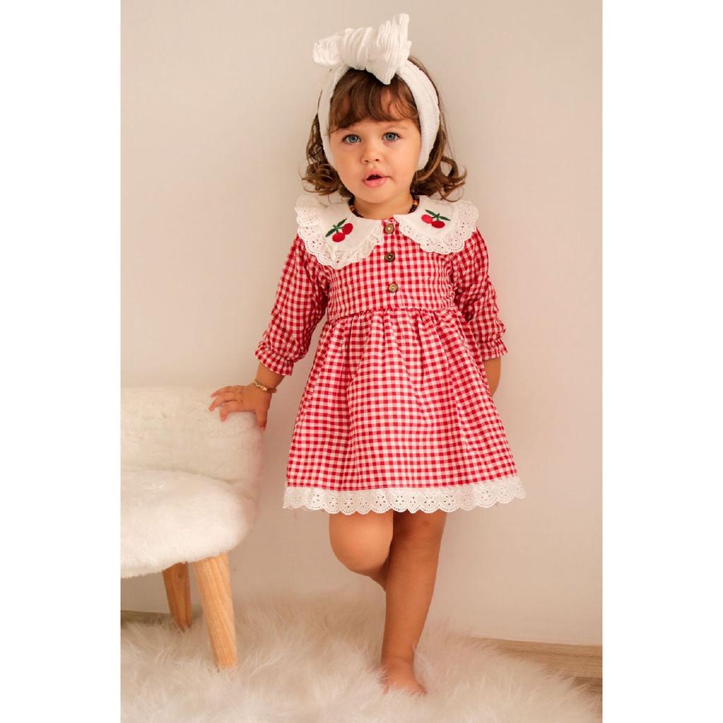 Baby Girl Red White Gingham Cherry Embroidered Ruffle Collar Dress