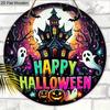 Happy Halloween Wooden Sign with Horror Castle Pattern - Figurine Ornaments with Pumpkin & Ghost Pattern - Ideal for Front Door, Yard, Porch Decor