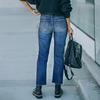 Womens High Waist Straight Leg Denim Jeans With Distressed Holes Slim Fit Long Pants