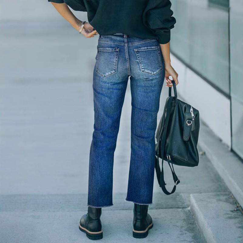 Womens High Waist Straight Leg Denim Jeans With Distressed Holes Slim Fit Long Pants