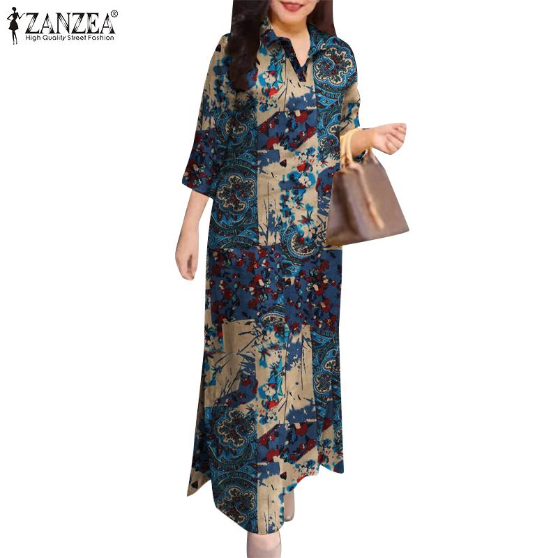 ZANZEA Женское повседневное свободное платье с отложным воротником и рукавами 3/4