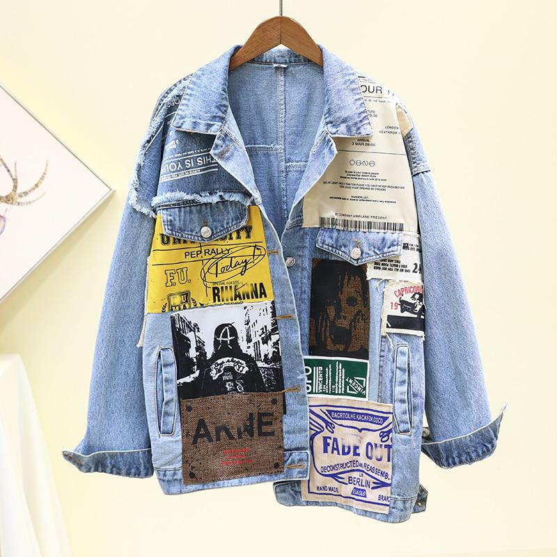 Vintage Full Sleeve Appliques Newspaper Pattern Large Size Black Denim Jacket Leisure Trend Coat 2020 Autumn